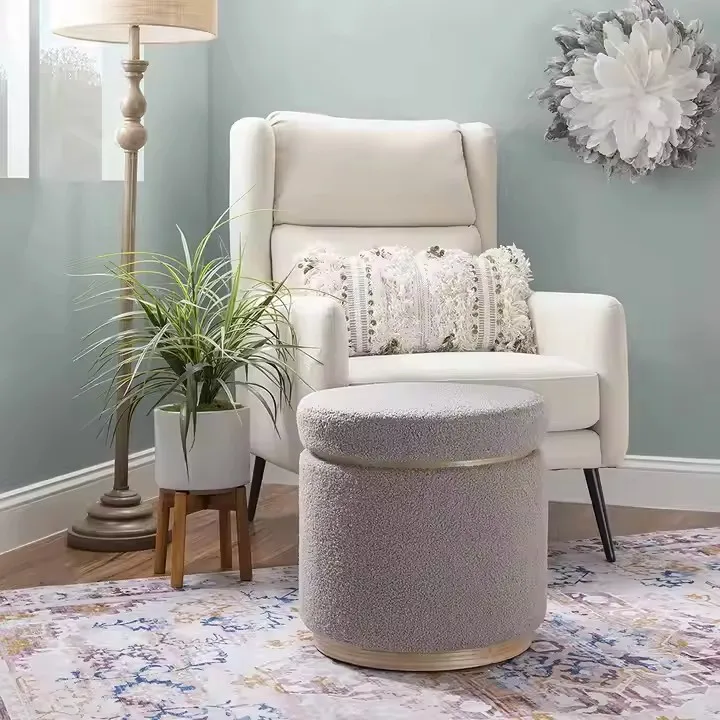 Modern Decorative Round Storage Footstool Ottoman With Storage Sherpa Round Storage Ottoman