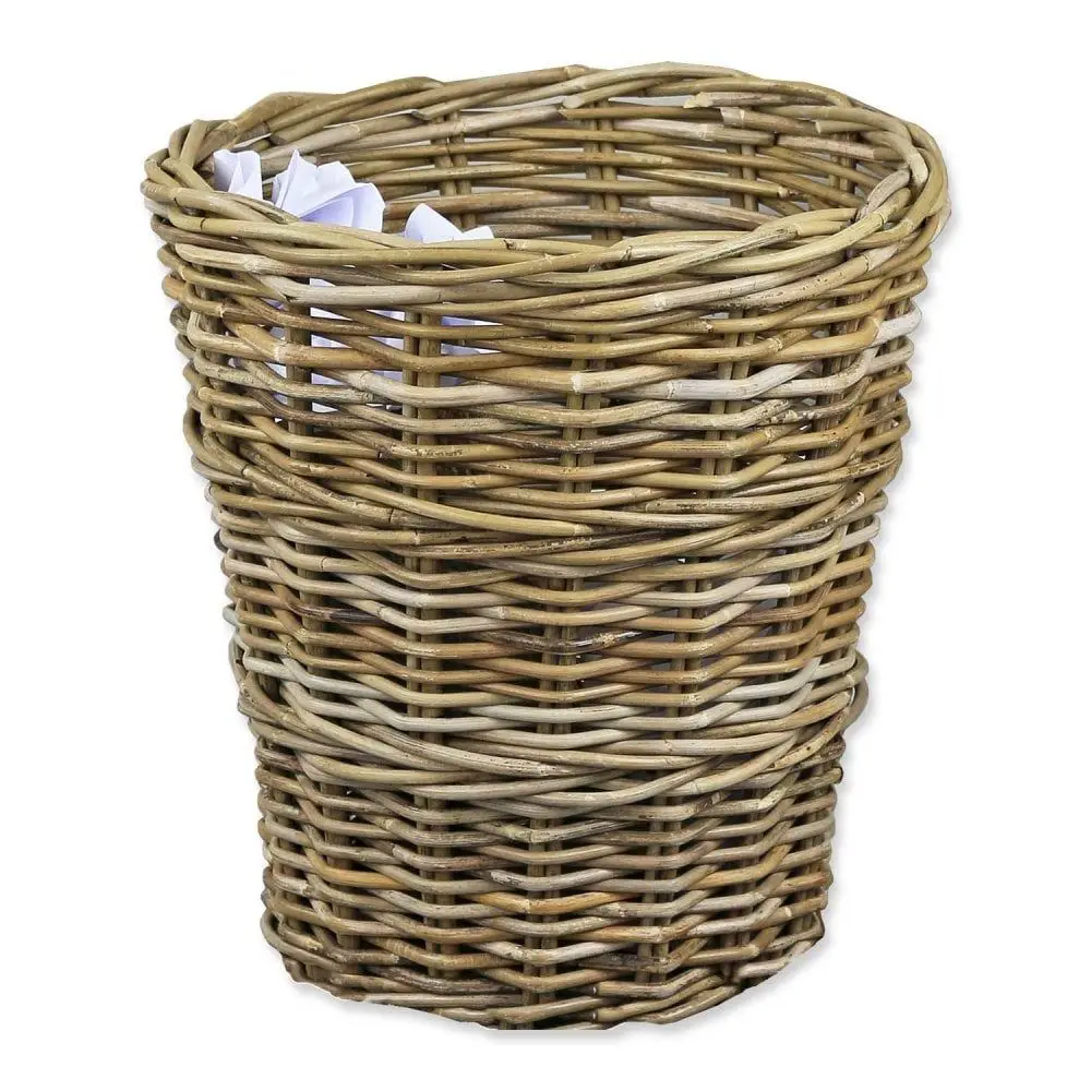 Handmade Eco-friendly Rattan Wicker Waste Paper Bin Durable Robust Storage Basket in Grey & Buff Color