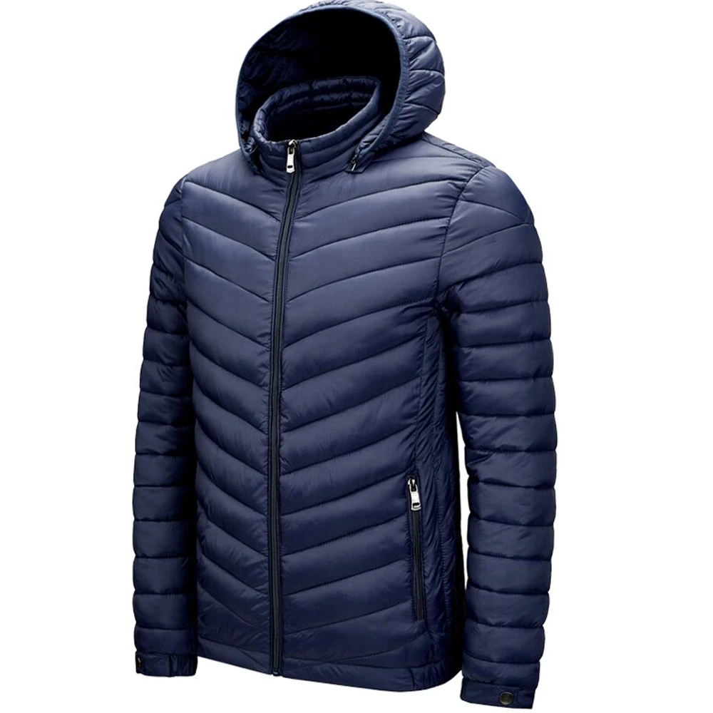 OEM Design Men Navy Blue Padded Zip Up Waterproof Puffer Jacket With Attached Hood & Side Pockets Men Puffer Jackets