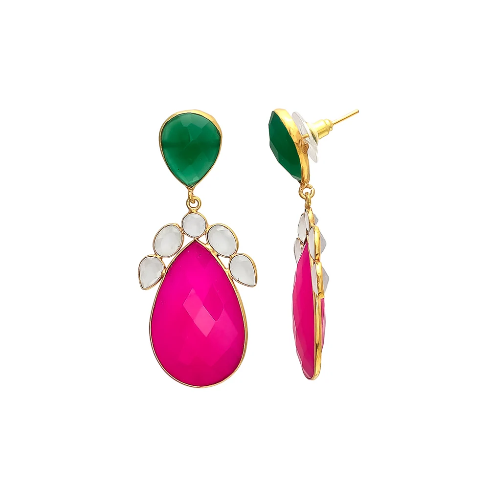 Explore Latest Exclusive Milky & Fuchsia Chalcedony & Green Onyx Design Trendy Gold Plated Brass Drop Earrings