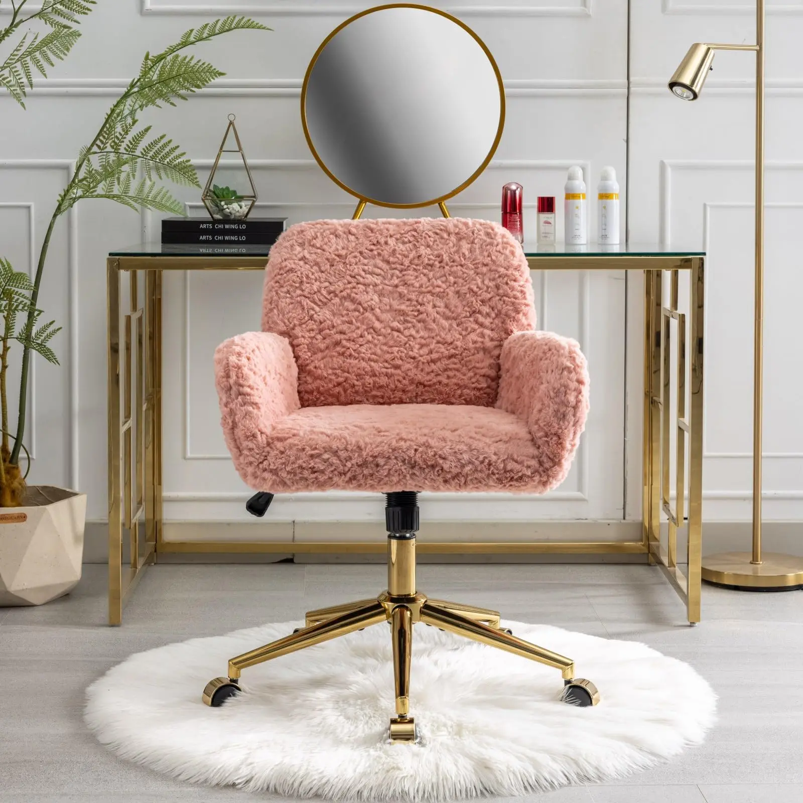Pink Dressing Table Faux Fur Pink and Gold Fluffy Modern Luxury Leather Executive Ergonomic Office Chair