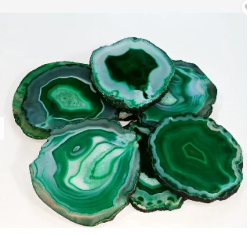 Natural Agate Wholesale Gemstone Art Kitchen Ware Green Agate Slice Coaster Cup Mat With Gold Coated