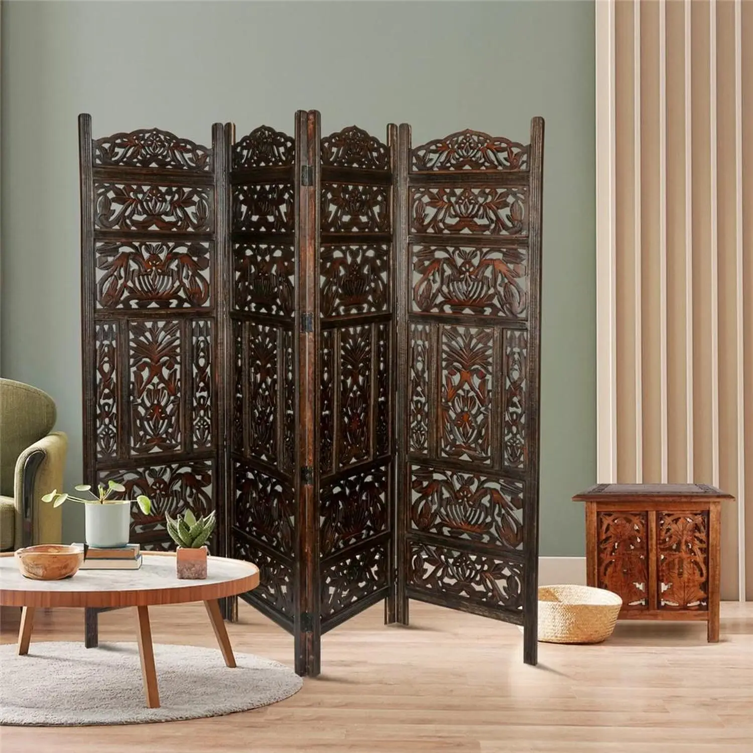 Natural 4 Panel Heavy Carved Wooden Room Divider Solid Mango Wood Frame with MDF Leaf Carving Partition Screen for Home Decor
