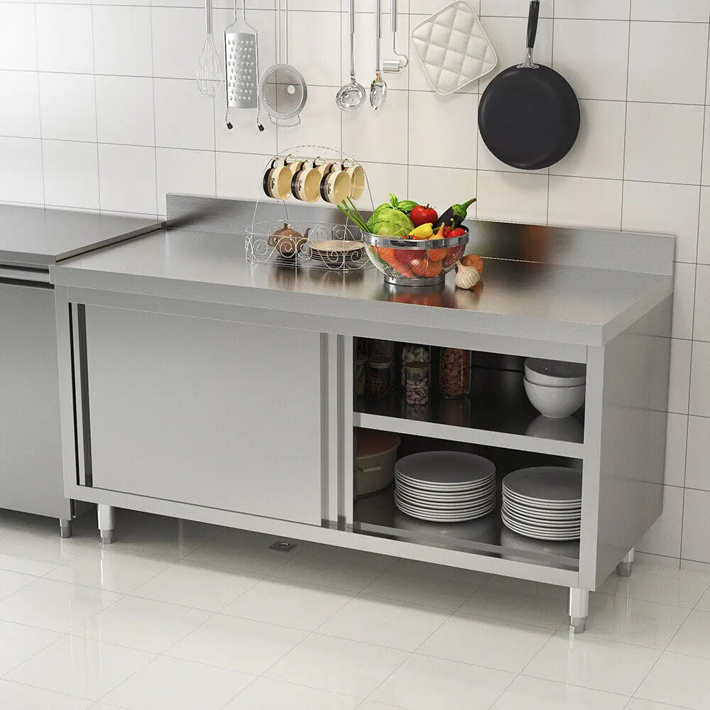 Stainless Steel Commercial Kitchen Work Table with Sliding Door Storage Cabinet