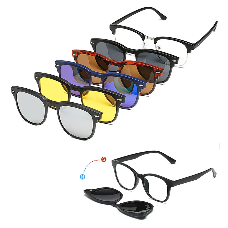 Wholesale 6 In 1 TR90 Spectacle Frames Men Women Polarized Sunglasses Magnetic Computer Glasses With 5 PCS Clip On