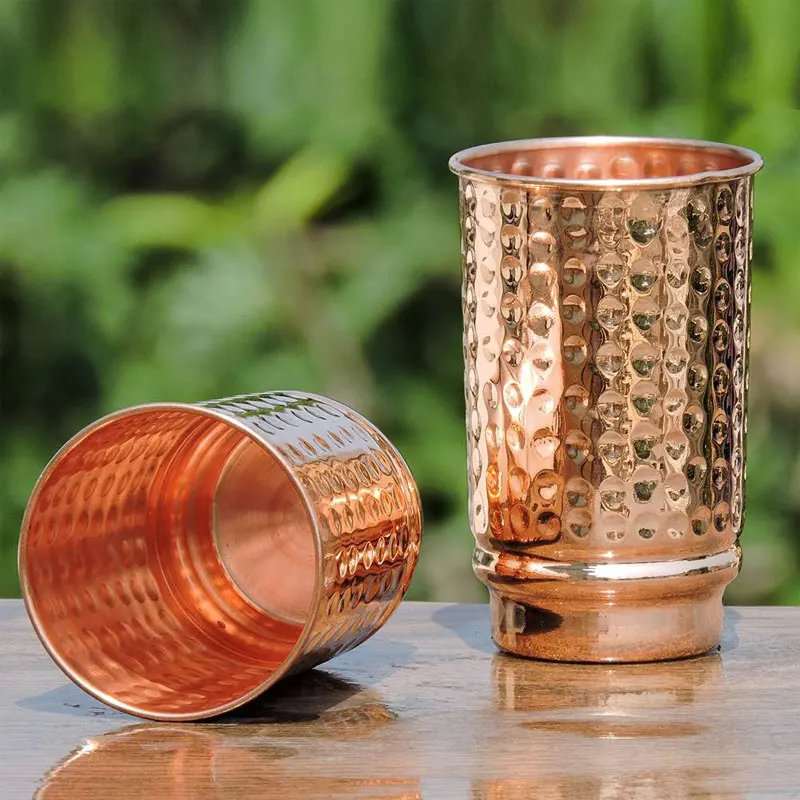 Set of 2 Hammered Pure Copper Mugs 350 ml Unlined and Uncoated Stainless Steel Ayurveda Health Benefits Cups with INS Style