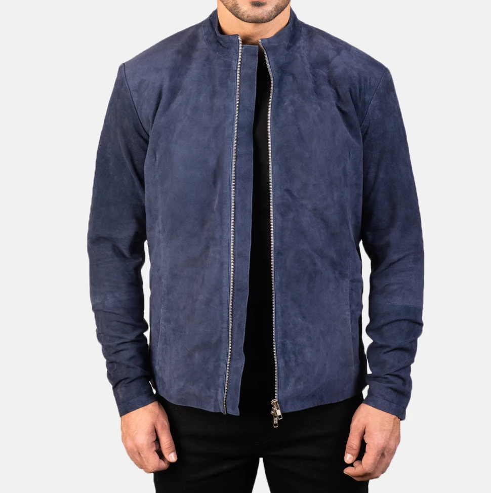 Blue Suede leather bomber jacket/OEM custom blue suede leather jacket/Wholesale genuine suede fashion fitted leather jacket men