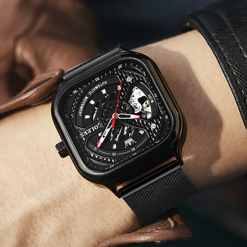 Custom High Quality Skeleton Square Watches Black Leather Watch Strap Automatic Mechanical Men Sports Watches