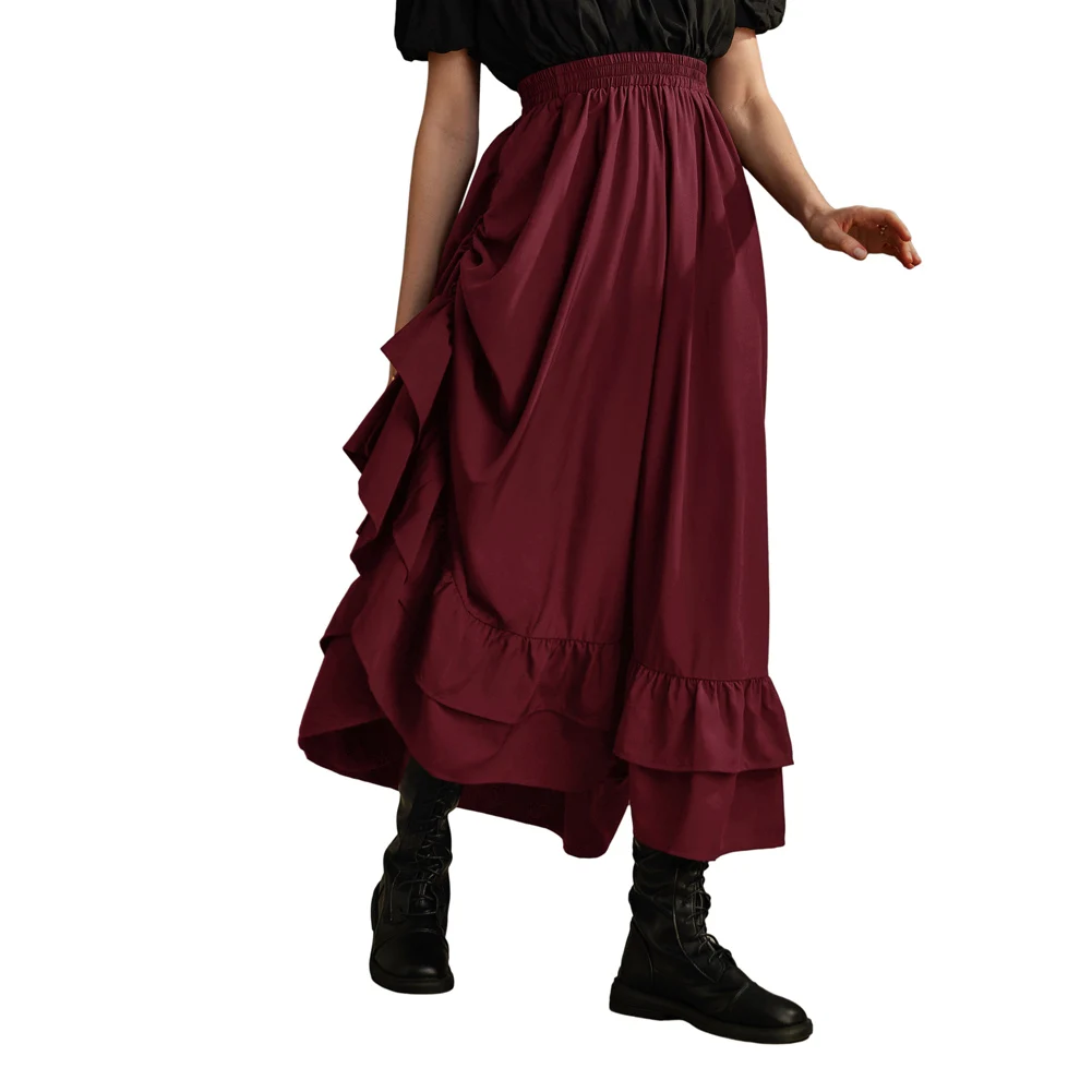 OEM Renaissance Lady Elegant Swing Elastic Waist Ruffled Hem A-Line Womens Long Maxi Skirts