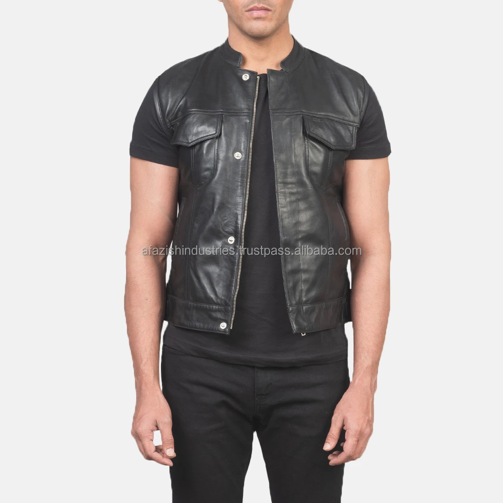 Customized Mens Premium Quality Atlas Moto Black Leather Vest  Waistcoat Zipped Pockets With Braided Laced Sides