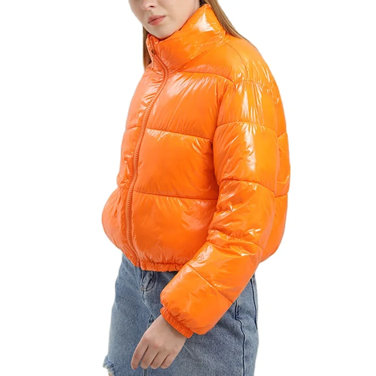 Wholesale Orange Womens Bomber Jacket Shiny Winter Short Bubble Jacket Custom Puffer Jacket for Women 2022
