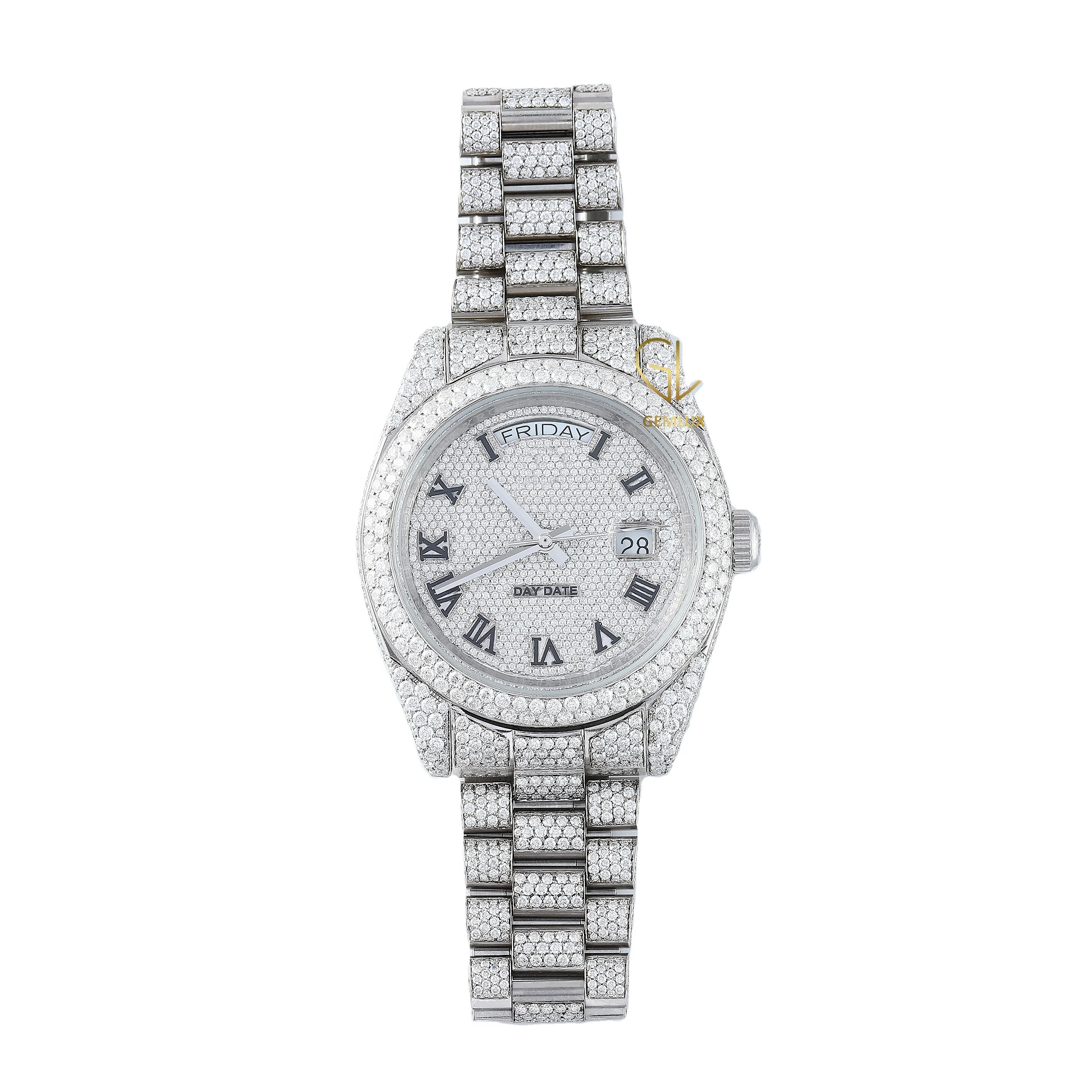 Hot Selling Luxury Unisex Silver Gold Full Lab grown Diamond Fashion Watches Quartz Mens Watches from Indian Exporter