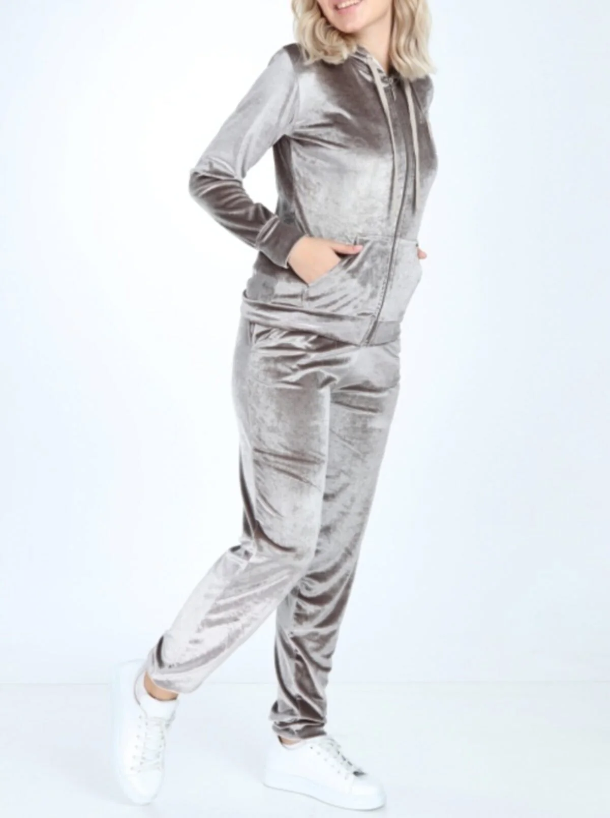 Custom Rhinestone Embroidery Logo Ladies Velvet 2 Pieces Tracksuit Set Grey Women Two Pieces Pants Velour Velvet Hoodies Set