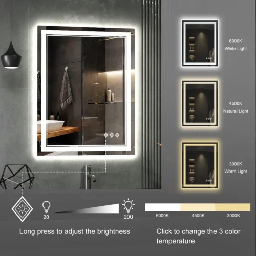 Wholesale touch screen rectangle bath mirror smart LED light induction bluetooth antifogging bathroom mirror