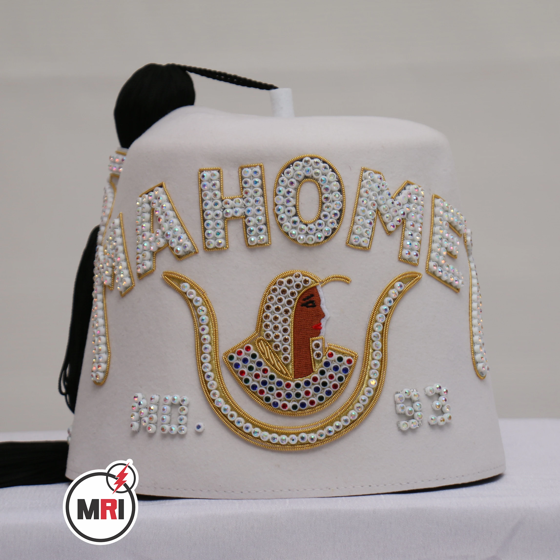 DOI MAHOMET Fez Golden Bullion Two Rows White Fezzes Hand Embroidered Custom Court and Number 2 Two Rows White Fez