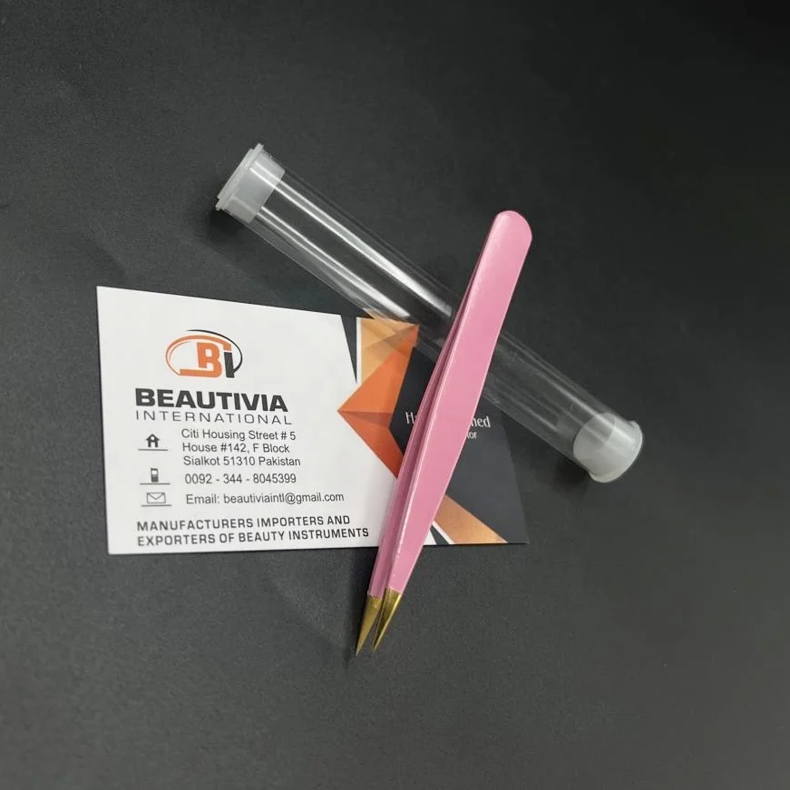 Pink Gold Sustainable Stainless Steel Pointed Brow Tweezers Custom Logo Eyebrow Tweezers with Plastic Tube Packaging