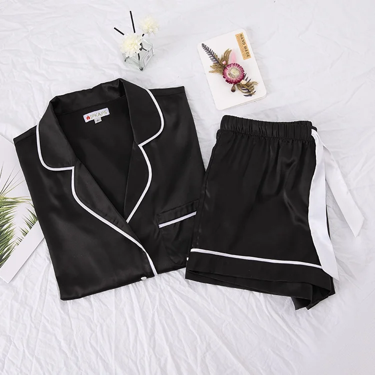 Custom Summer Silk Pajamas Womens Short Sleeve Sleepwear Soft Satin Button Down Loungewear 2 Piece Pjs Shorts Set For Women