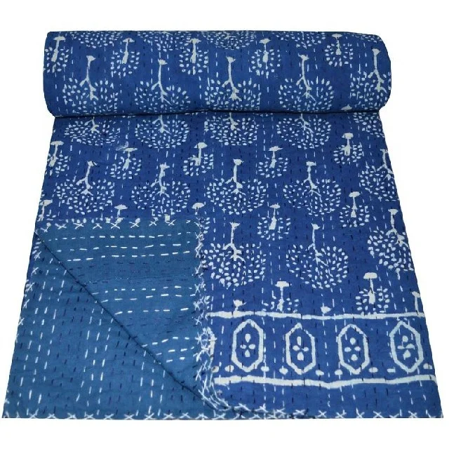 Hand Block Print Indigo Blue Kantha Bed Cover Reversible Bedding Bedspread Twin Size Vintage Cotton Quilt Set