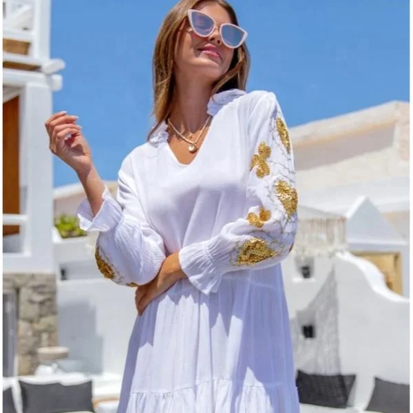 2022 Exclusive White And Golden Women Summer Beach Dress Intricate Handmade Sequin Heart Motif Mini Sun Dress Boho Ladies Tunic