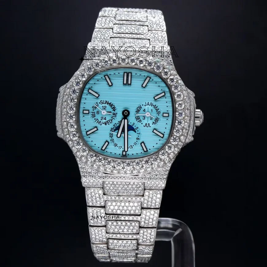 New Diamond Tester Pass Oval Blue Big Dial Mechanical Full Iced Out Buss Down Diamond Watch VVS Moissanite Bust Down Wrist Watch