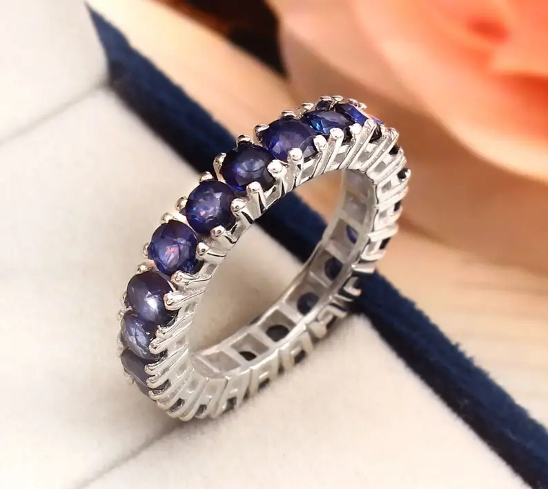 Blue Sapphire Eternity Wedding Band For Women Round Cut Blue Sapphire Engagement Band Ring size 6.5 US Promise Ring