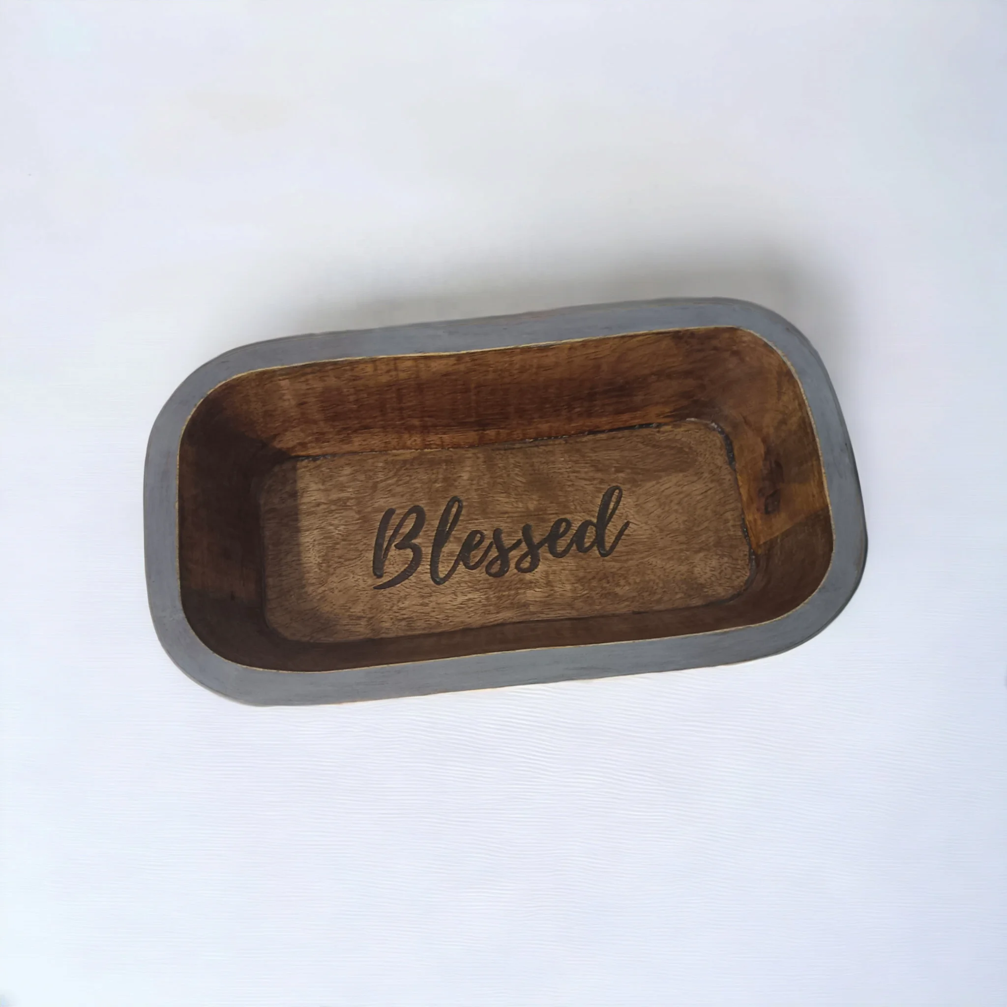 Antique Small Walnut & Grey Prayer Dough Bowl Religious Gifts Farmhouse Rustic Church Centerpiece for Home Decor Serving