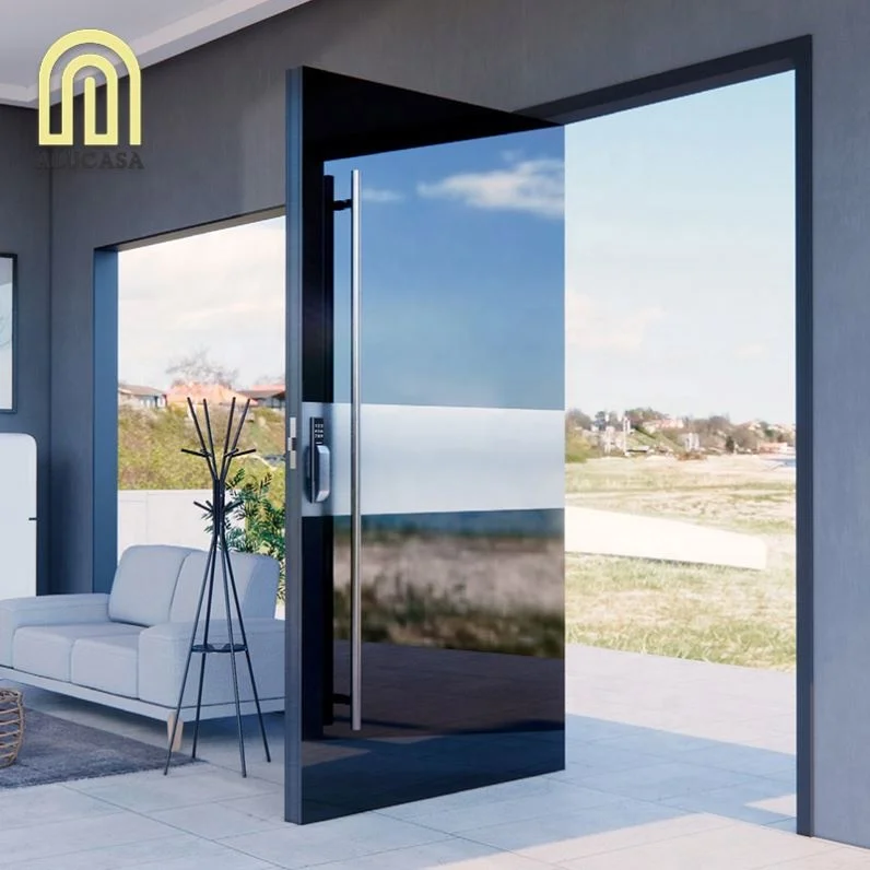 Alucasa Hurricane Custom Villa Big Luxury Black Entry Modern Stainless Steel Front Entrance Pivot Door