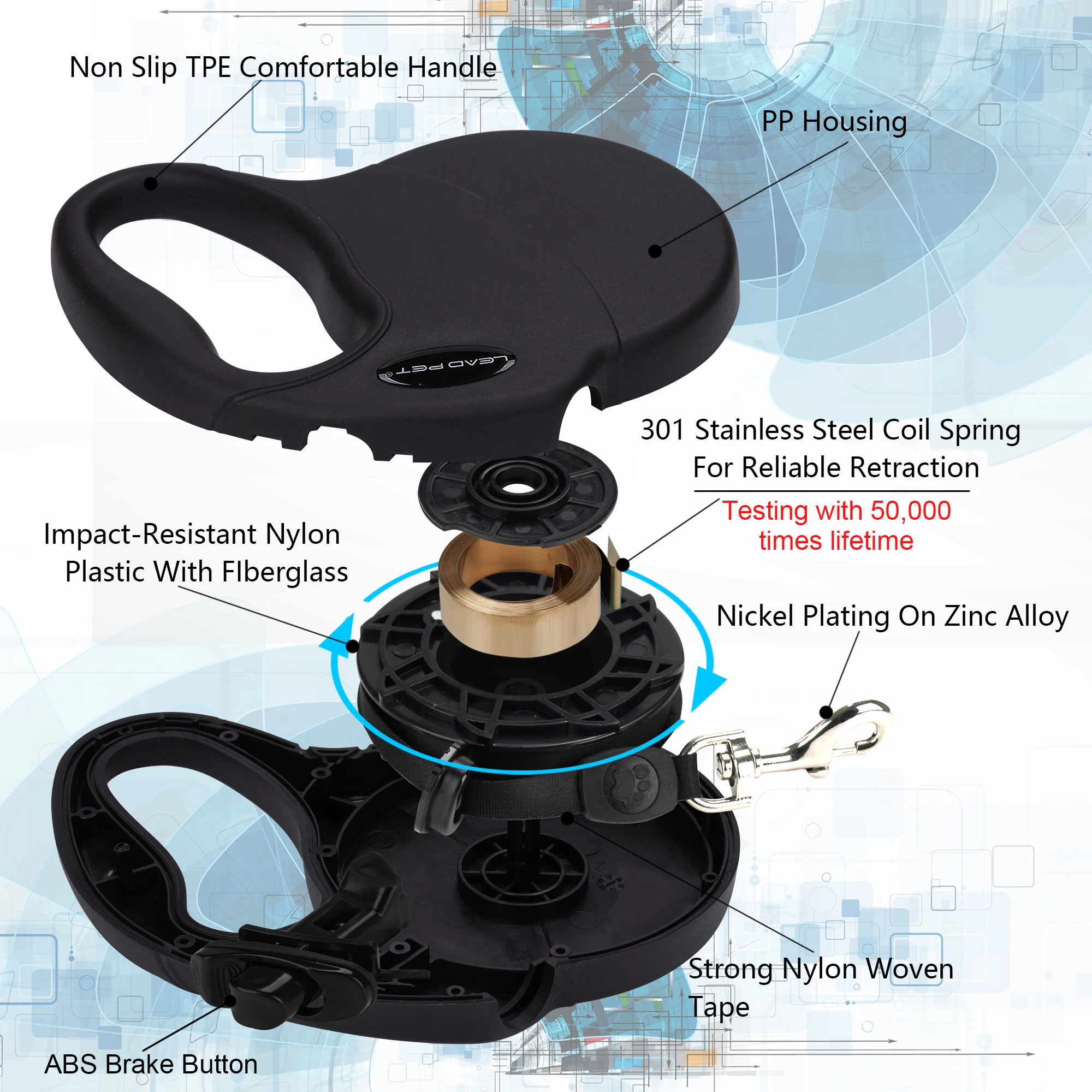 LEAD PET Retractable 16ft Heavy Duty Reflective Nylon Tape Lead for dog Up to 100 LBS. Tangle Free Design One Touch Quick-Lock