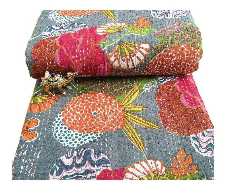 Indian Hand Block Vintage Fruit Print Kantha Quilt For Bohemian Bedspread Home Bed Throw Cover Handmade Quilt