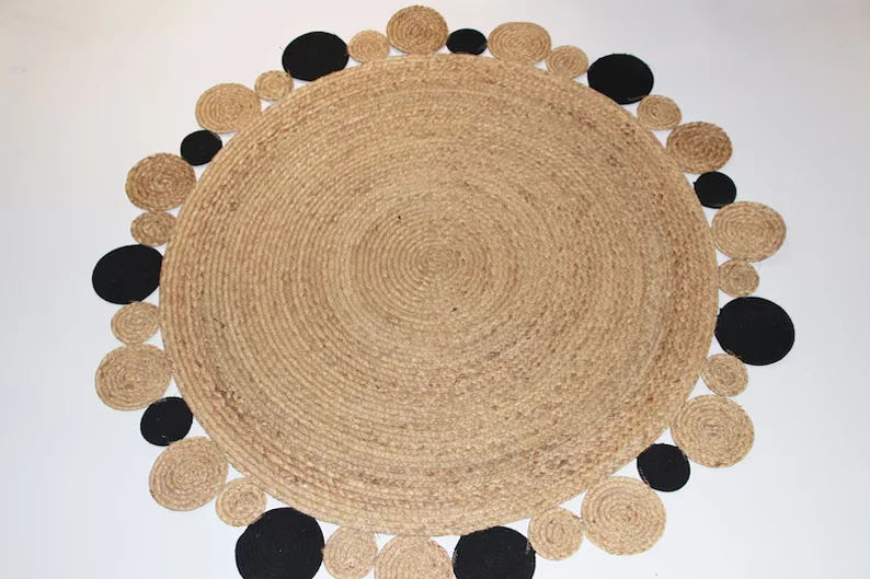 Custom round brown and black woven seagrass rug with circular motifs straw floor mats round bedroom area tatami mat Christmas