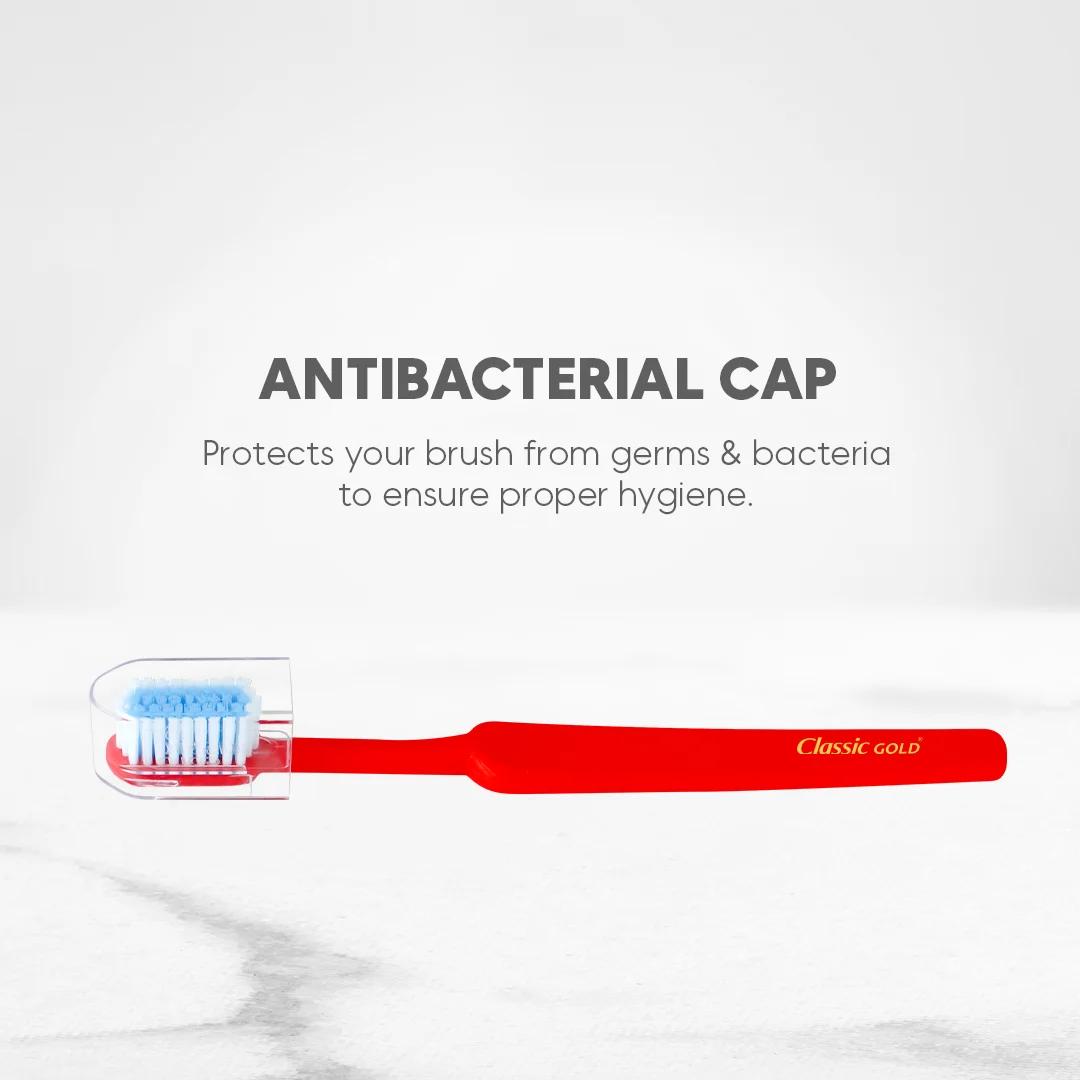 Classic Gold Select Medium Dupont Tynex Bristles Manual Toothbrush for Adults With Also Anti Bacterial Crystal Clear Cap