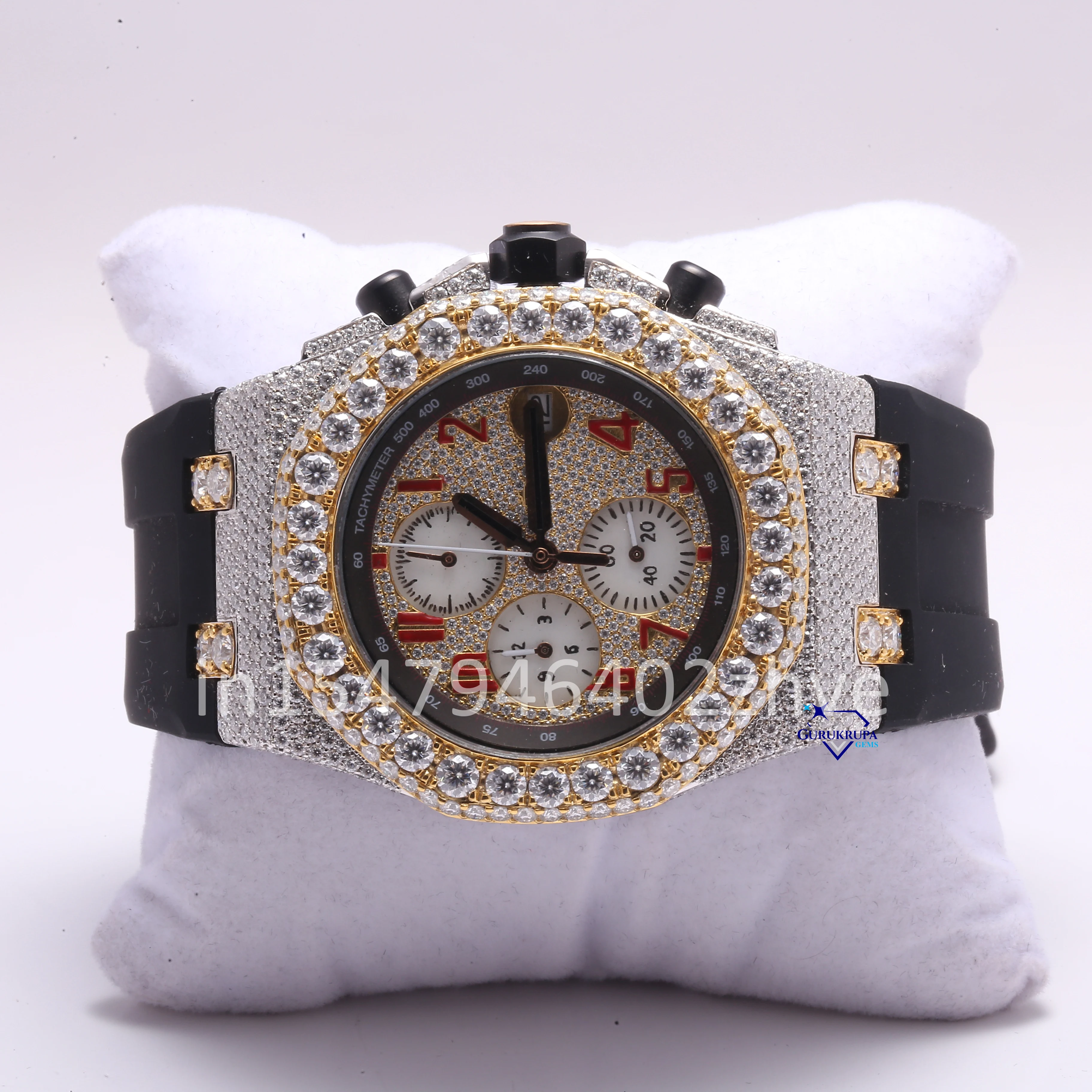 Customized mens luxury hip hop watch half iced out in moissanite diamonds with vvs clarity style in black rubber belt