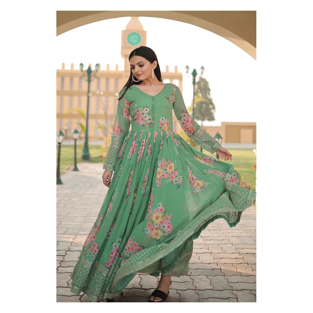 Luxury Clothing Designer Gown High Quality Faux Georgette Floral Printed Made by Zari-Thread & Sequins Embroidery