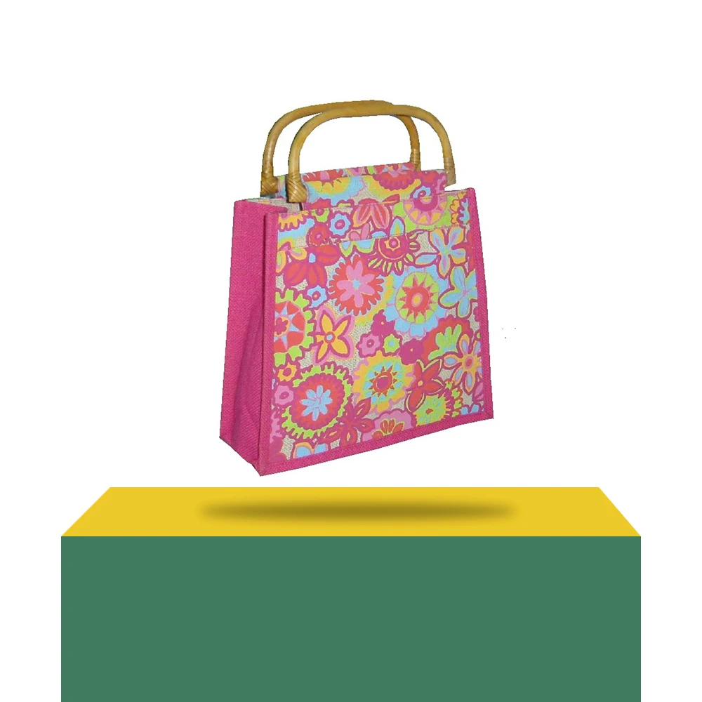Solid Pink Color With Floral Printed Design Buy Cheap Price High Quality Jute Shopping Bag For Women