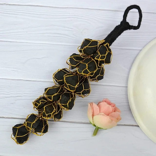 Best Quality Black Tourmaline Handmade Golden Wire Cage Tumbled Stone Grape Hanger For Home Decor & Meditation By King Agate