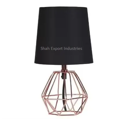 Rose Gold Metal Cage Body With Black Lampshade Fabric Table Lamp for Hotel Villas Bedside Top Use