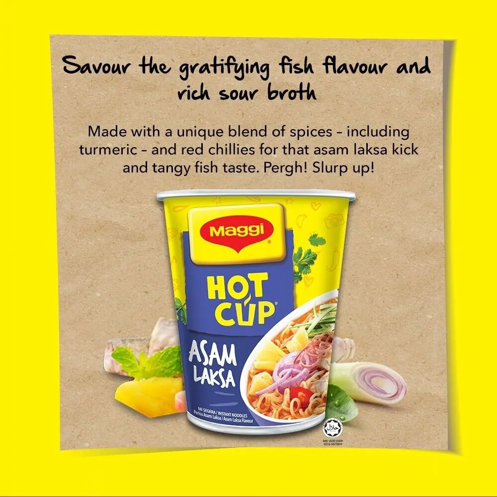 Maggi Hot Cup Convenient Factory Price Delicious Instant Noodle Tastes Curry Tomyam Laksa Chicken Flavor Malaysian Favorite