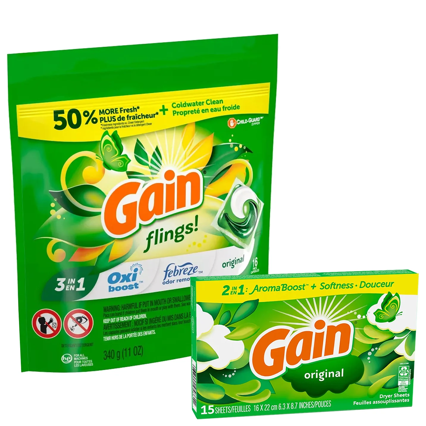 3 in 1 Liquid Laundry Detergent Soap Capsules 16 Count with Oxi Boost Frebreze Original-15 Dryer Sheet Pack for Clothes Care