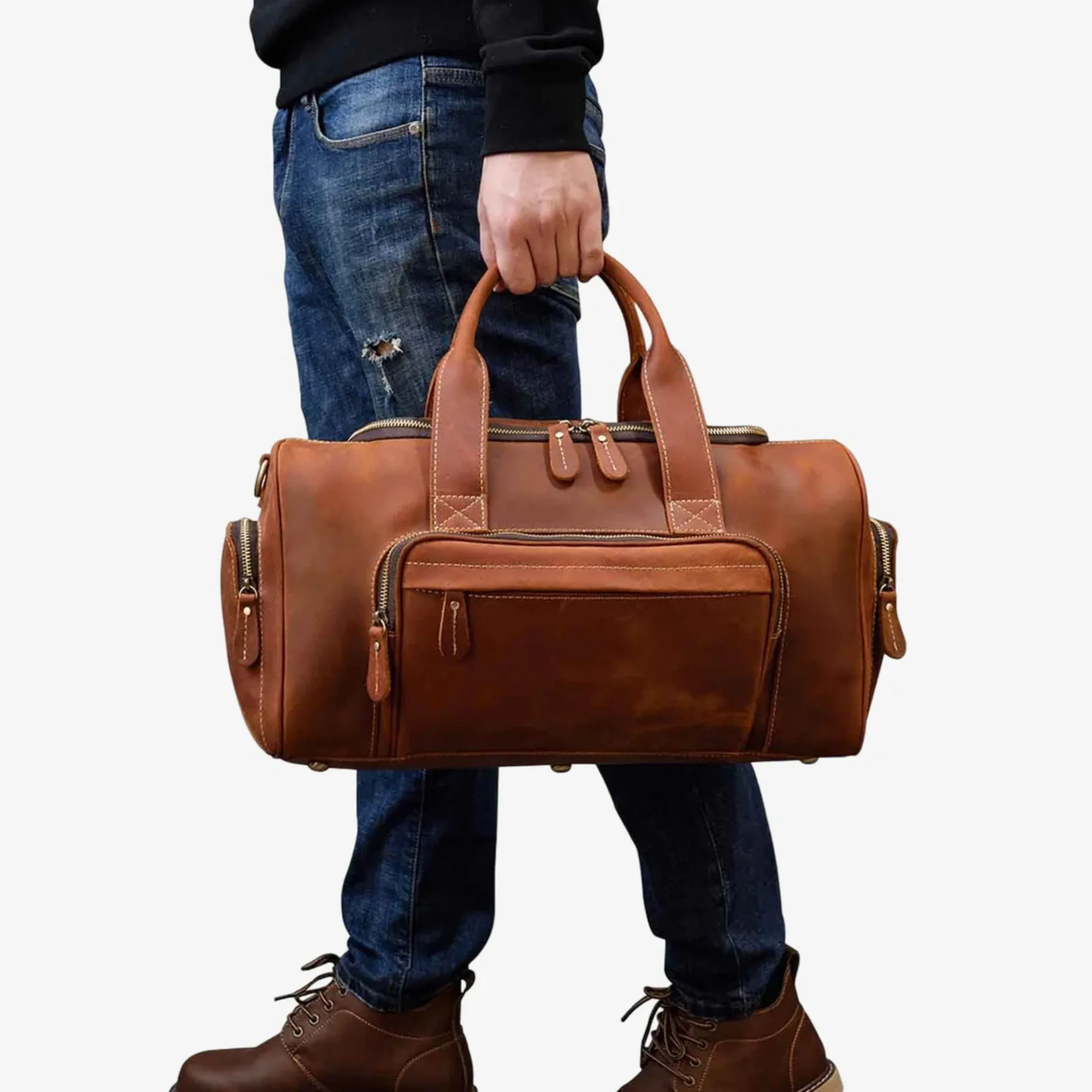 Designer Crazy Horse Leather Duffel Bag with Multiple YKK Zipper Pockets Stylish Weekender Bag for Travel Gym and Business Trips