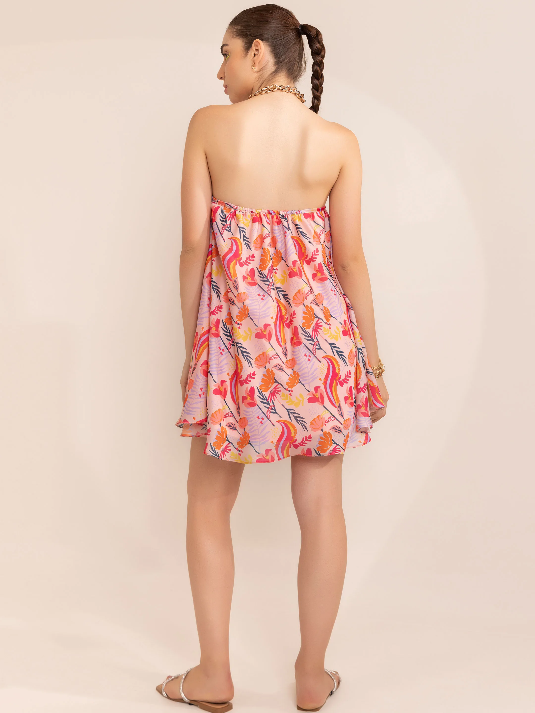 2024 latest trending design Printed Blushing pink halter chain neck short dress new arrival trending design dress for women