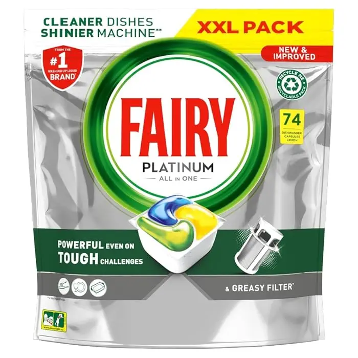 Fairy Platinum Plus All-In-1 Dishwasher Tablets Bulk, 74 Tablets, Lemon, With Greasy Filter & Rinse Aid Action