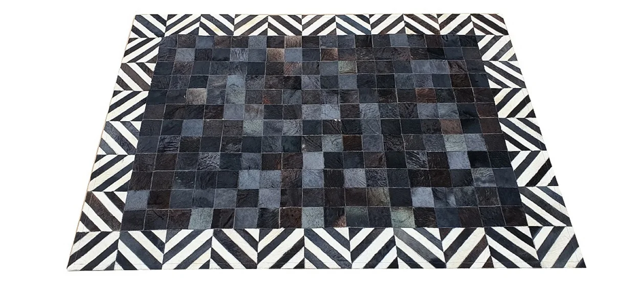 Modern Design Black and White Pure Genuine Cow Leather Hair on Handmade Patchwork Leather cowhide Area rug