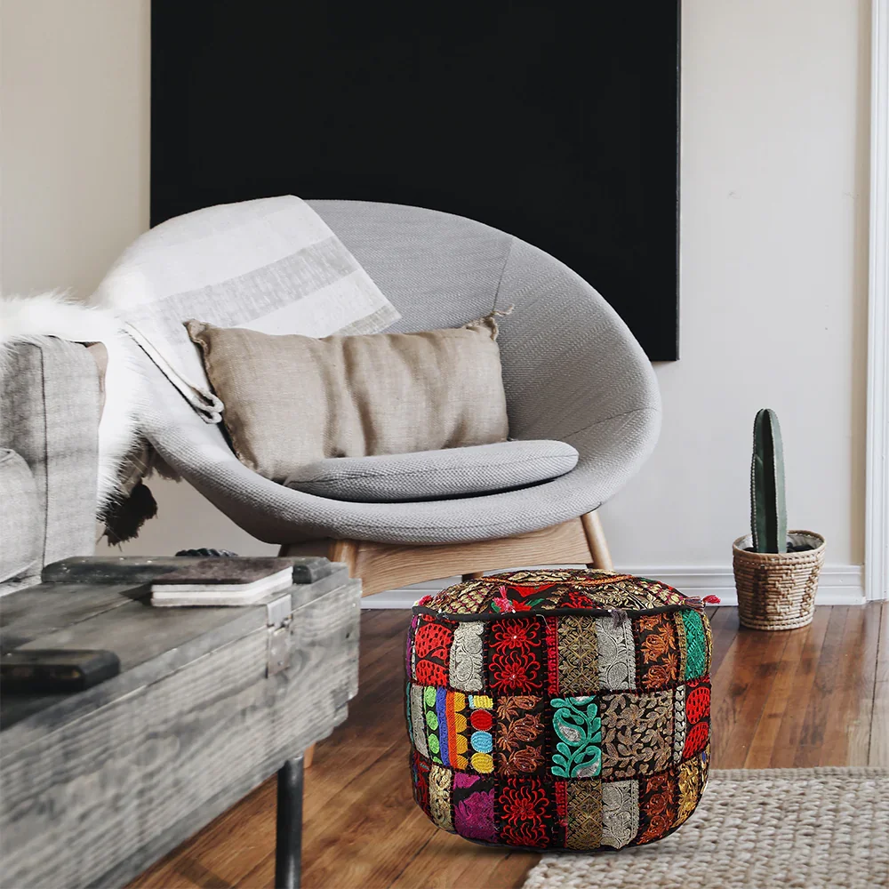 Indian Style Premium Embroidery Pouf Ottoman with Ethnic Decor Art Available for Worldwide Export from India