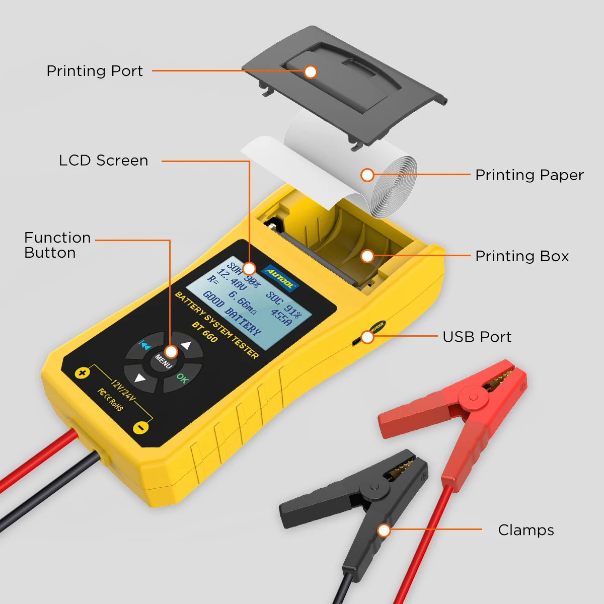Factory Multi-language AUTOOL BT660 car Battery Tester Built-in Printer BT-660 Battery Tester Auto Car Battery Tester