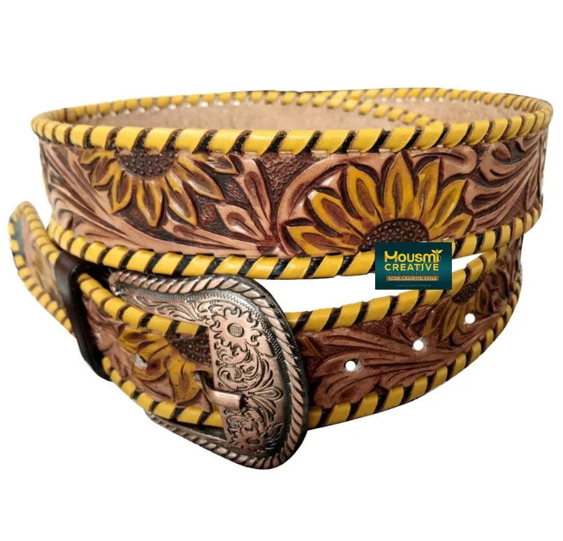 Custom Colour Lace Braided Hand Tooled Leather Belt Western Style Cowhide Leather Engraved Unisex Fashion Belts OEM Supplier