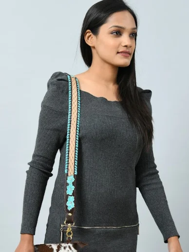 Real Cow Leather Antic Brass Hard Ware Leather Purses Straps Handles Leather Straps for Bag  With Turquois braiding