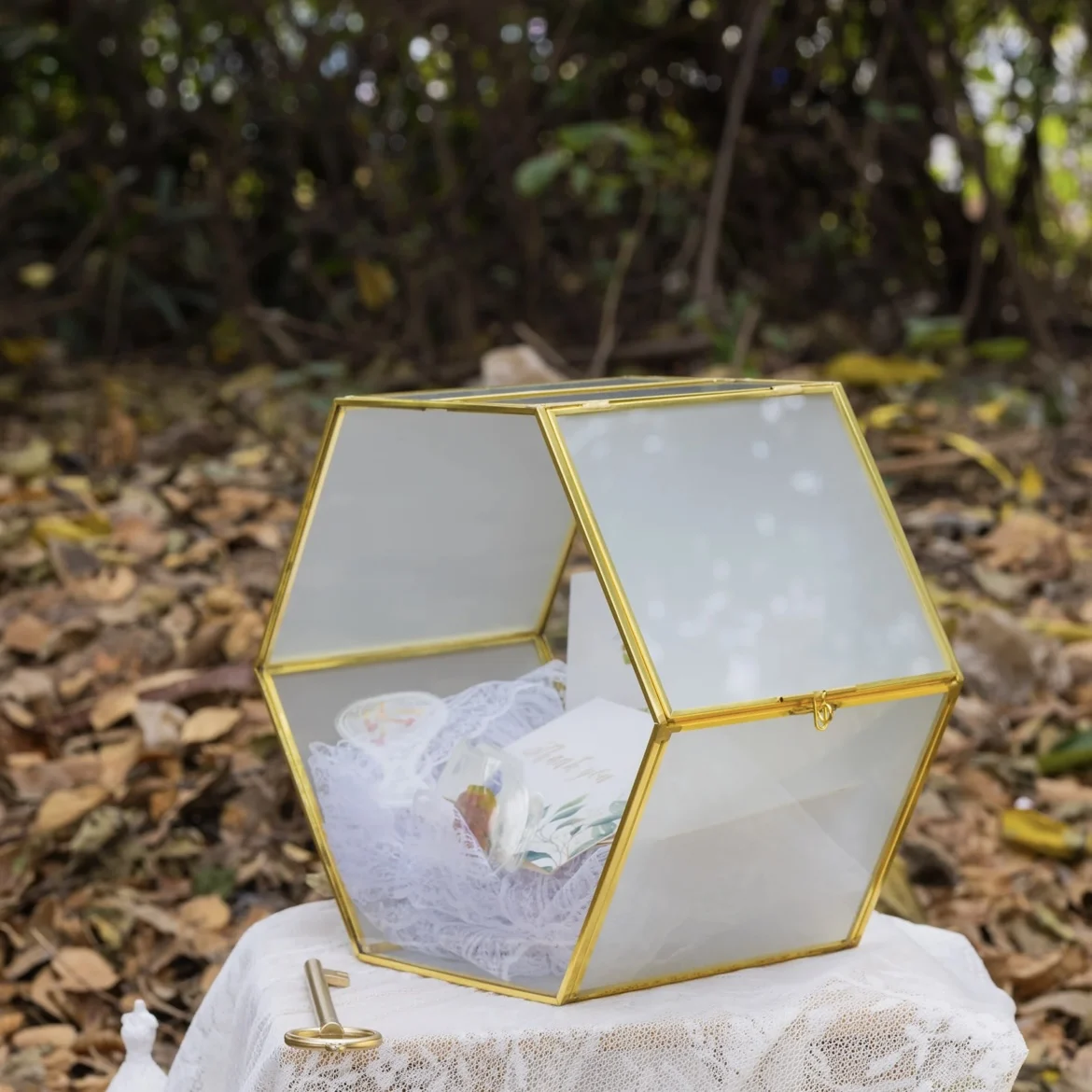 Modern Luxury Wedding Glass Card Box Hexagon Gold Brass and Glass Envelope and Wishing Well Box with Slot