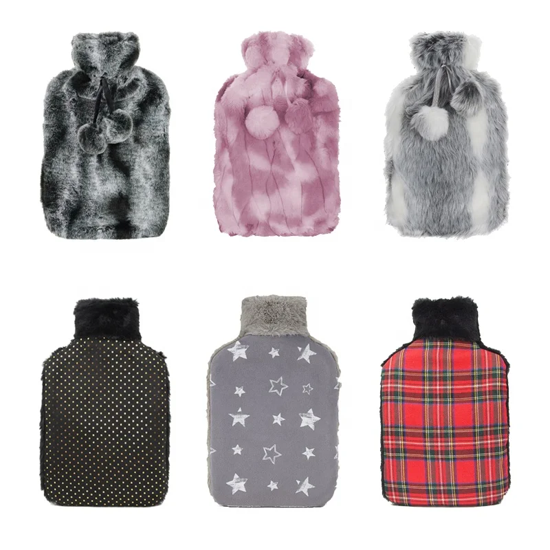 1000ml / 2000ml natural rubber pvc hot water bag bottle knitted plush fur fleece cover for customers to choose