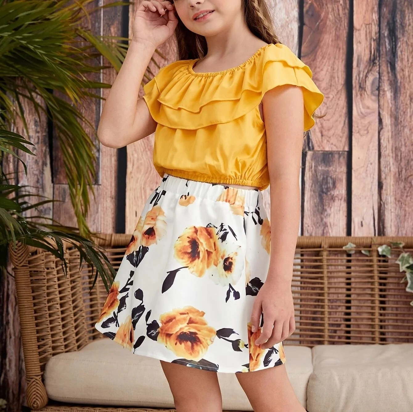 Girls Top and skirt two pieces fashion clothing set Kids children floral leopard graphic printed clothingset Girl cotton dresses