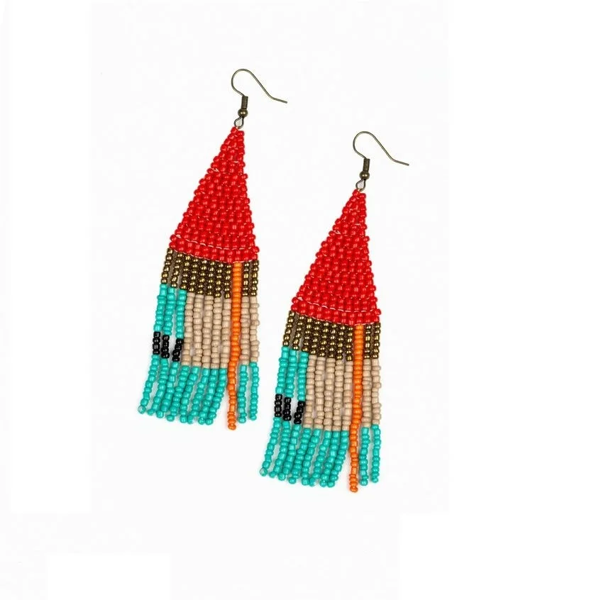 Orange Beaded Embroidery Drop Earrings Handcrafted Customizable Full-Size Fashion Accessories